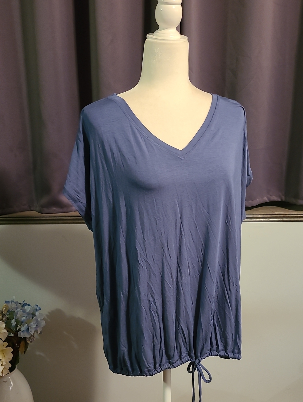 Ideology NWT V-Neck Gathered Hem Women's Top in Dusty Blue 1X